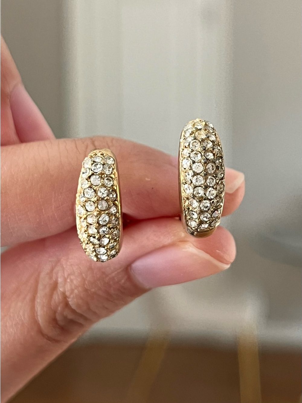 Authentic Vintage Dior Classic Rhinestone Pavé Gold Thin Hoop Clip-On Earrings